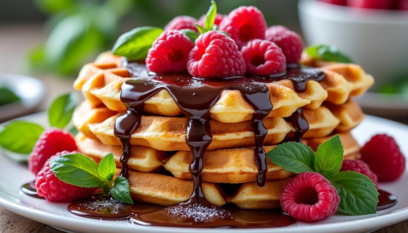découvrez une recette originale de gaufres au chocolat blanc, framboise et basilic, parfaite pour un dessert impressionnant alliant douceur et fraîcheur.