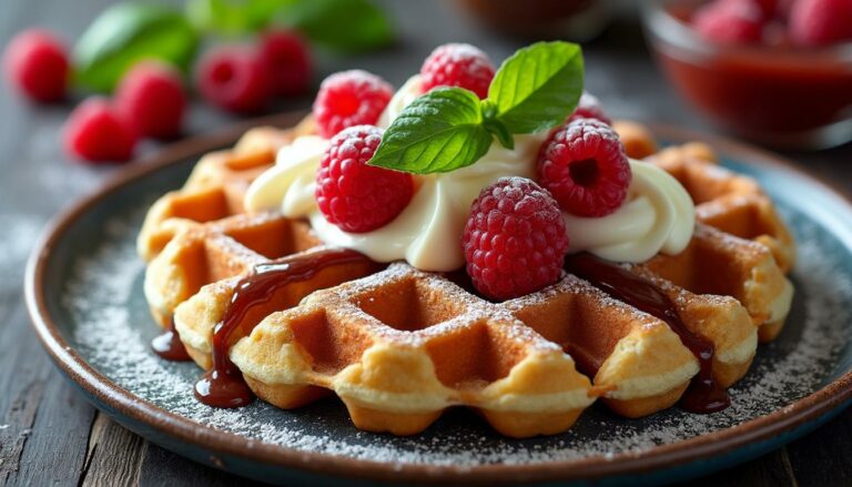 découvrez une recette gourmande de gaufres au chocolat blanc, framboise et basilic, un dessert original et impressionnant pour toutes vos occasions spéciales.