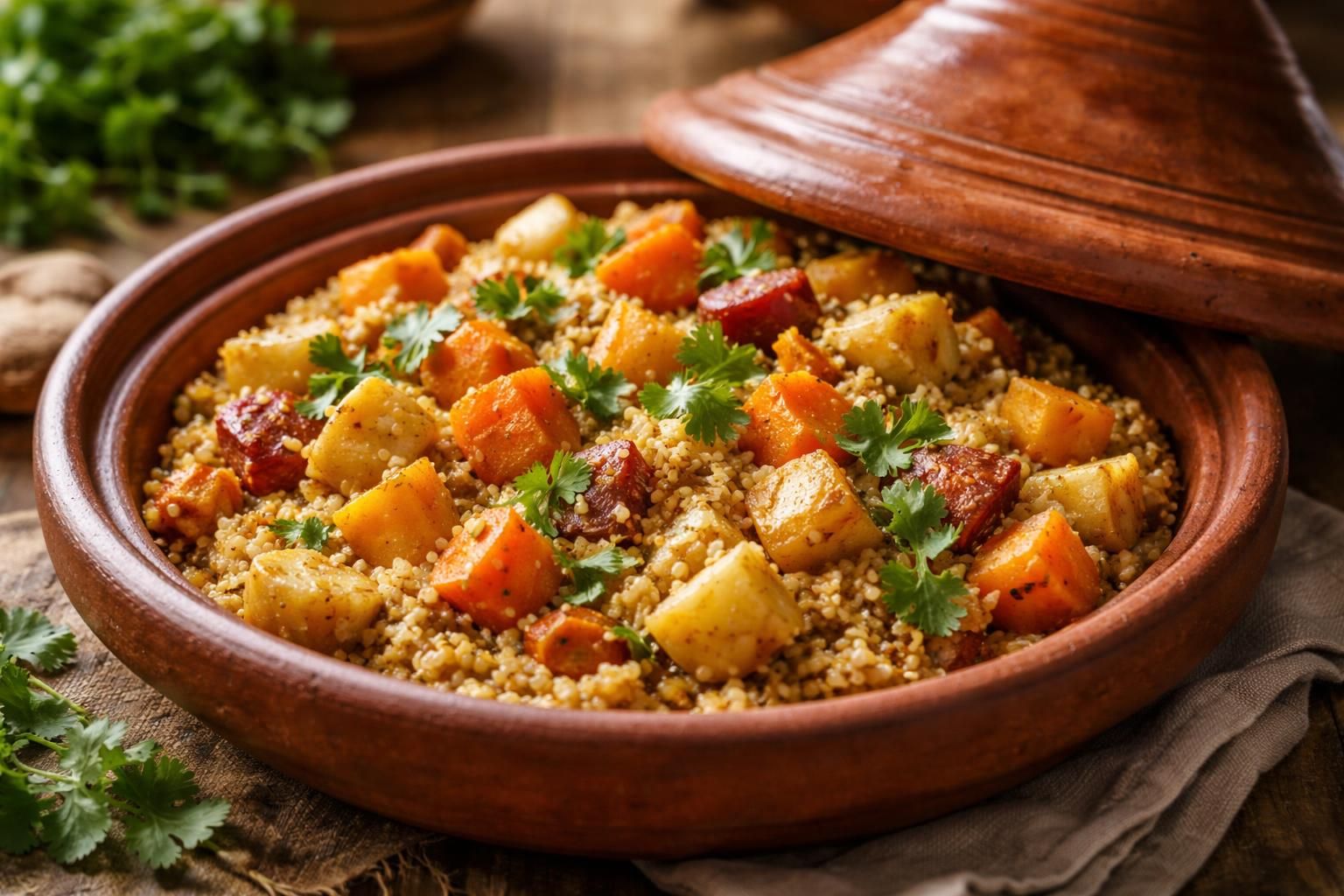 découvrez notre savoureuse recette de tajine de légumes et racines au millet, un plat gourmand et riche en saveurs pour un repas sain et équilibré.