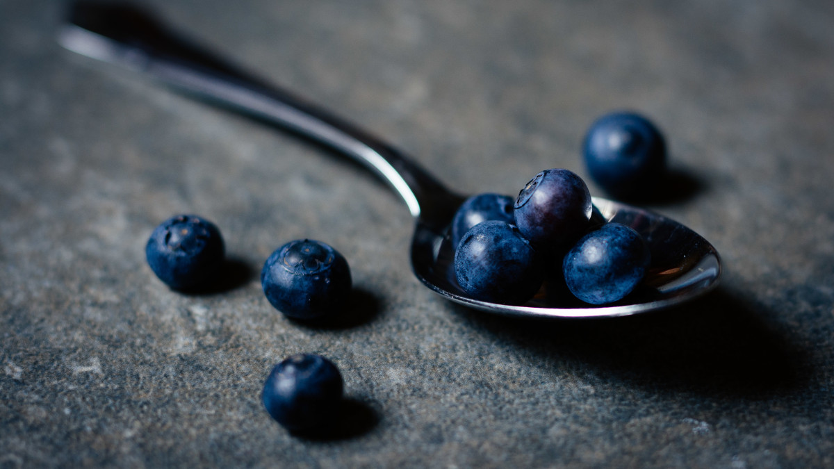 des myrtilles se trouvent dans une cuillere sur un plan de travail gris
