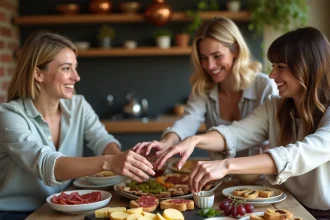 Table d'apéro dinatoire convivial avec plateau de charcuterie, fromages, olives et toasts entre amis dans un appartement moderne