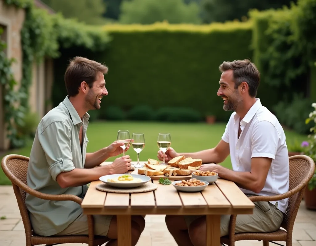 Apéro dinatoire en extérieur sur terrasse avec plateau de fromages, hummus et baguette entre amis dans un jardin français