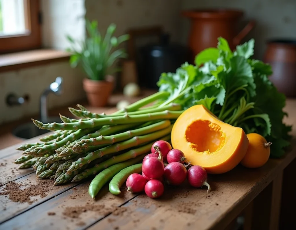 Assortiment de légumes de saison frais disposés sur une table en bois rustique