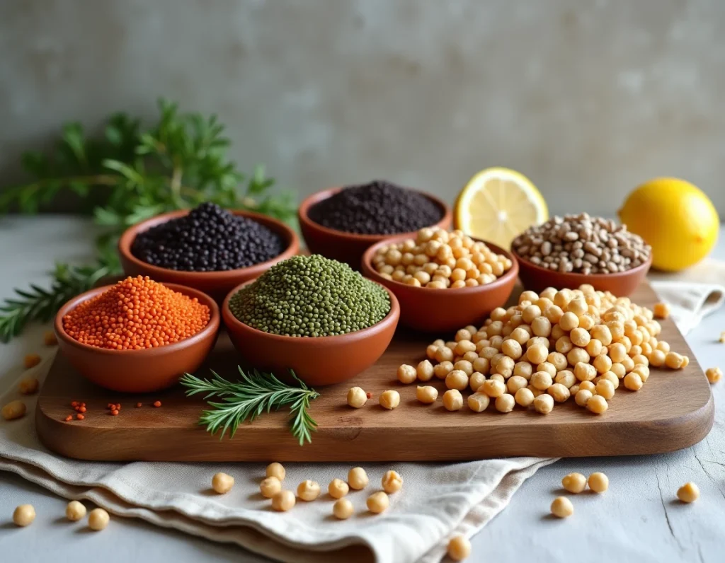 Assortiment de légumineuses variées disposées dans des bols en terre cuite sur une planche en bois, vue de dessus pour un article sur les bienfaits nutritionnels des légumes secs