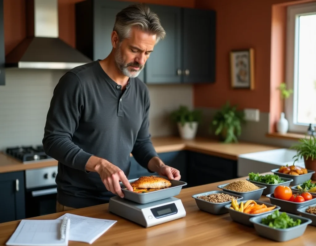 Homme pesant une portion de poulet sur une balance de cuisine lors d'une session de batch cooking