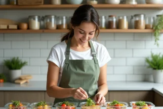 Femme préparant des portions de batch cooking dans des boîtes en verre alignées sur un comptoir en marbre