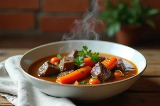 Bœuf carotte maison servi dans un bol en céramique blanche avec carottes fondantes et bouillon ambré, sur une table en bois rustique