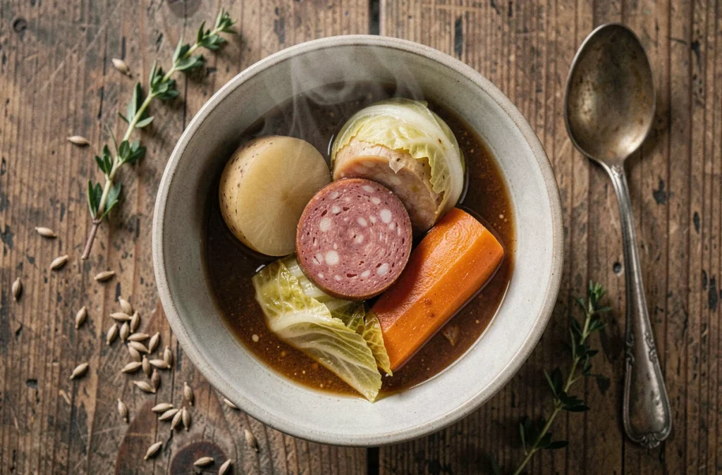 Bol de potée familiale en gros plan avec saucisse fumée, chou braisé et pomme de terre dans un bouillon savoureux