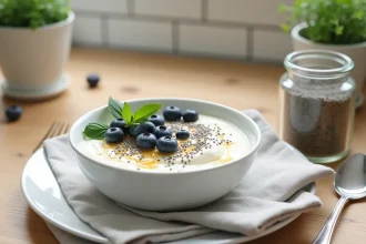 Bol de yaourt grec aux graines de chia, myrtilles et miel sur une table petit-déjeuner en bois