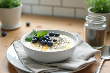 Bol de yaourt grec aux graines de chia, myrtilles et miel sur une table petit-déjeuner en bois