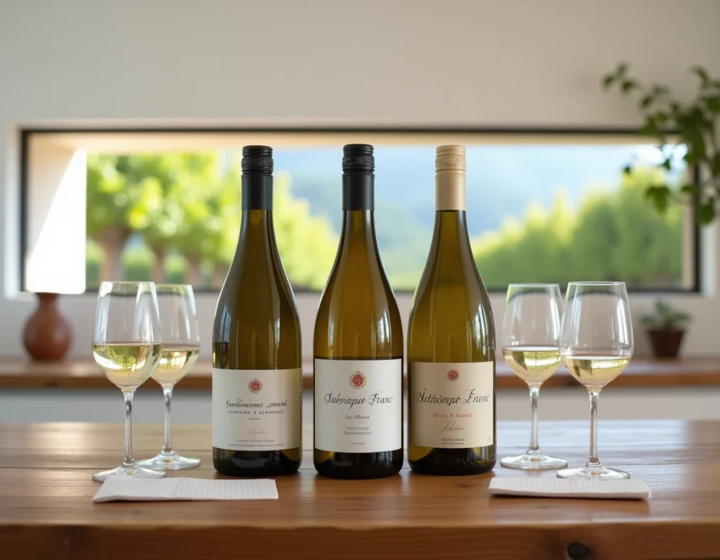 Trois bouteilles de Sauvignon franc d'appellations différentes disposées sur une table en chêne dans une salle de dégustation épurée