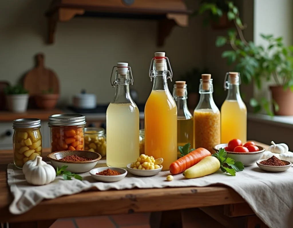 Bouteilles de vinaigre d'alcool halal et légumes marinés sur une table de cuisine rustique avec certification halal visible