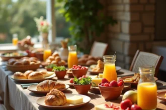 Buffet brunch à volonté dans un restaurant méditerranéen d'Hyères avec viennoiseries, fruits frais et charcuterie sur une table en bois rustique