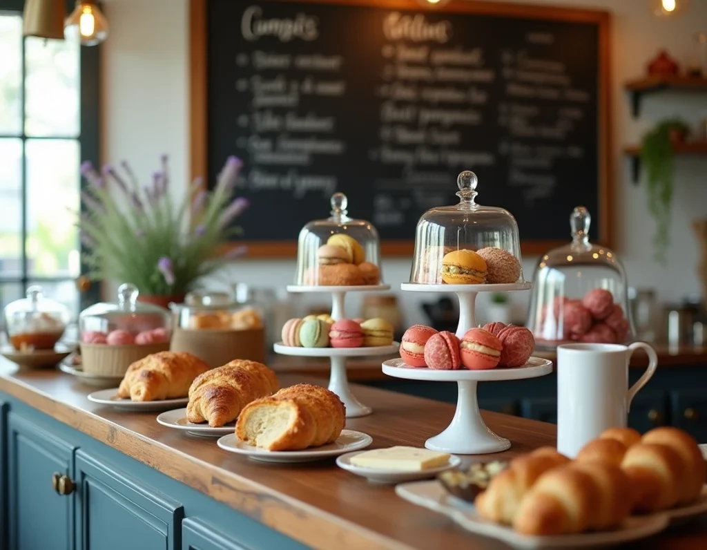 Station de buffet brunch intérieur dans un café d'Hyères avec viennoiseries artisanales, fromages et menu ardoise en français