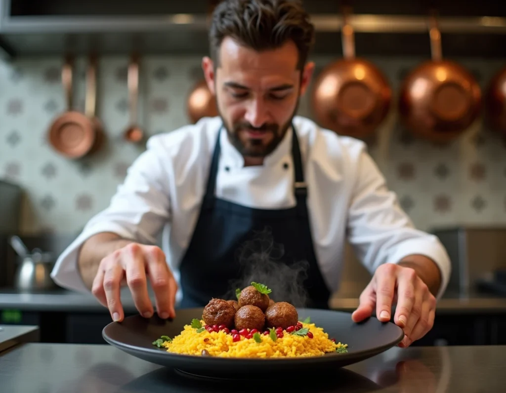 Chef cuisinier du restaurant Le Cèdre rue Mouffetard en train de dresser une assiette de kofta d'agneau grillé avec riz au safran et graines de grenade
