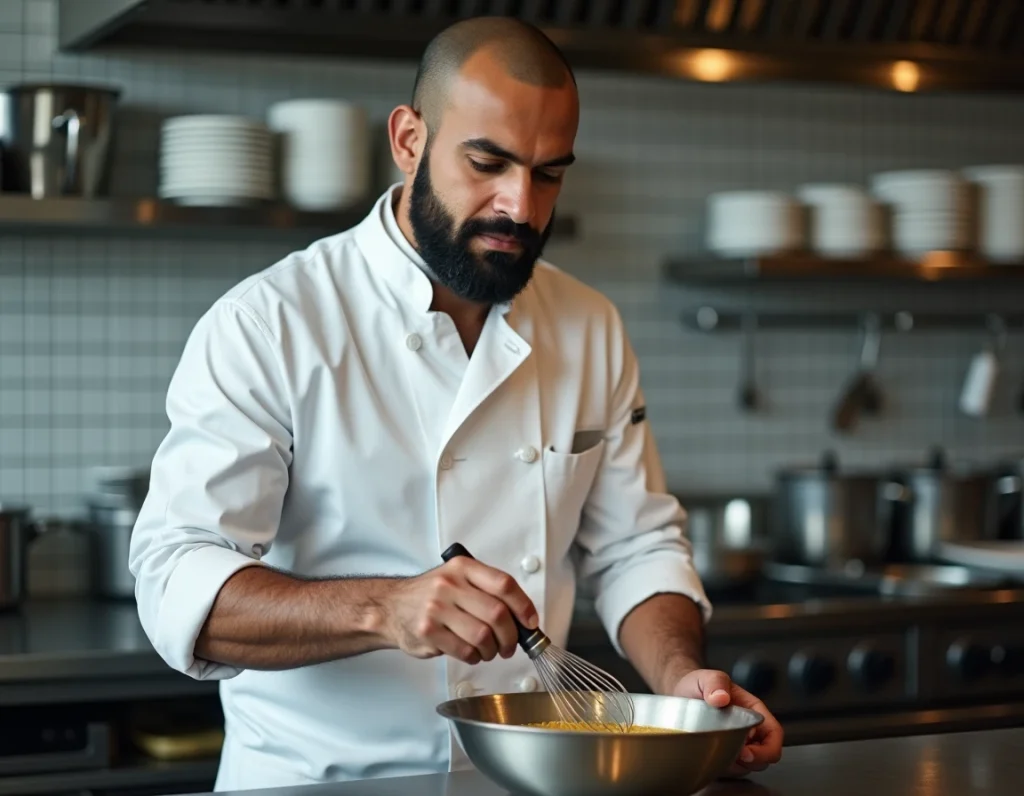 Chef cuisinier utilisant du vinaigre halal dans une sauce dans une cuisine professionnelle de restaurant