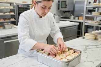 Cheffe pâtissière rangeant des coques de macarons vides dans une boîte hermétique en métal sur un plan de travail en marbre dans une cuisine professionnelle