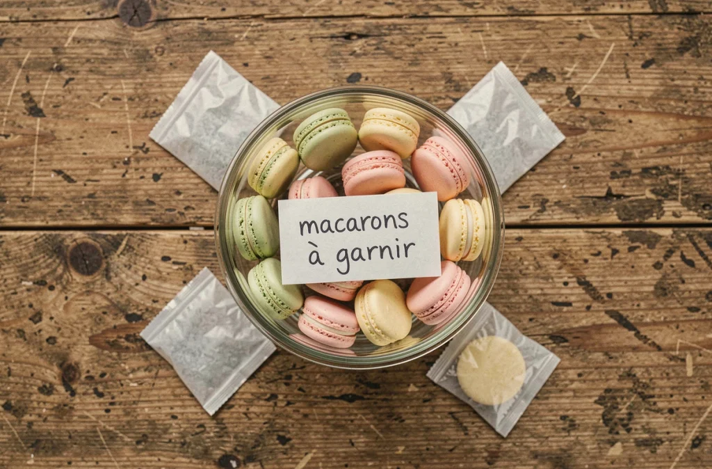 Vue de dessus de coques de macarons vides en couleurs pastel disposées dans un contenant en verre hermétique avec sachets de gel de silice sur table en bois