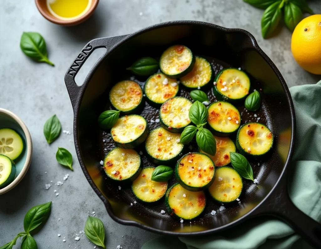 Vue de dessus d'une poêle en fonte avec des courgettes sautées dorées et du basilic frais sur un plan de travail en pierre