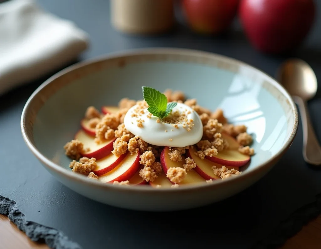 Crumble aux pommes léger déconstruit servi dans une assiette creuse avec yaourt grec et noisettes toastées dans un cadre bistrot moderne