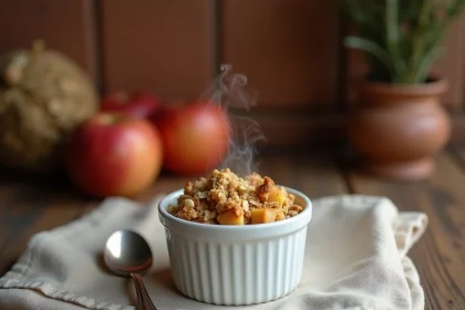 Crumble aux pommes maison servi dans un ramequin blanc sur une table en bois rustique avec une garniture dorée et croustillante
