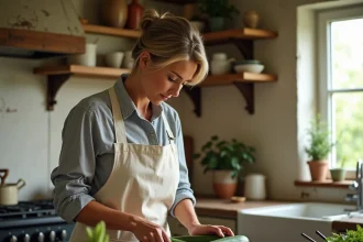 Femme qui coupe des courgettes fraîches sur une planche en bois dans une cuisine rustique française