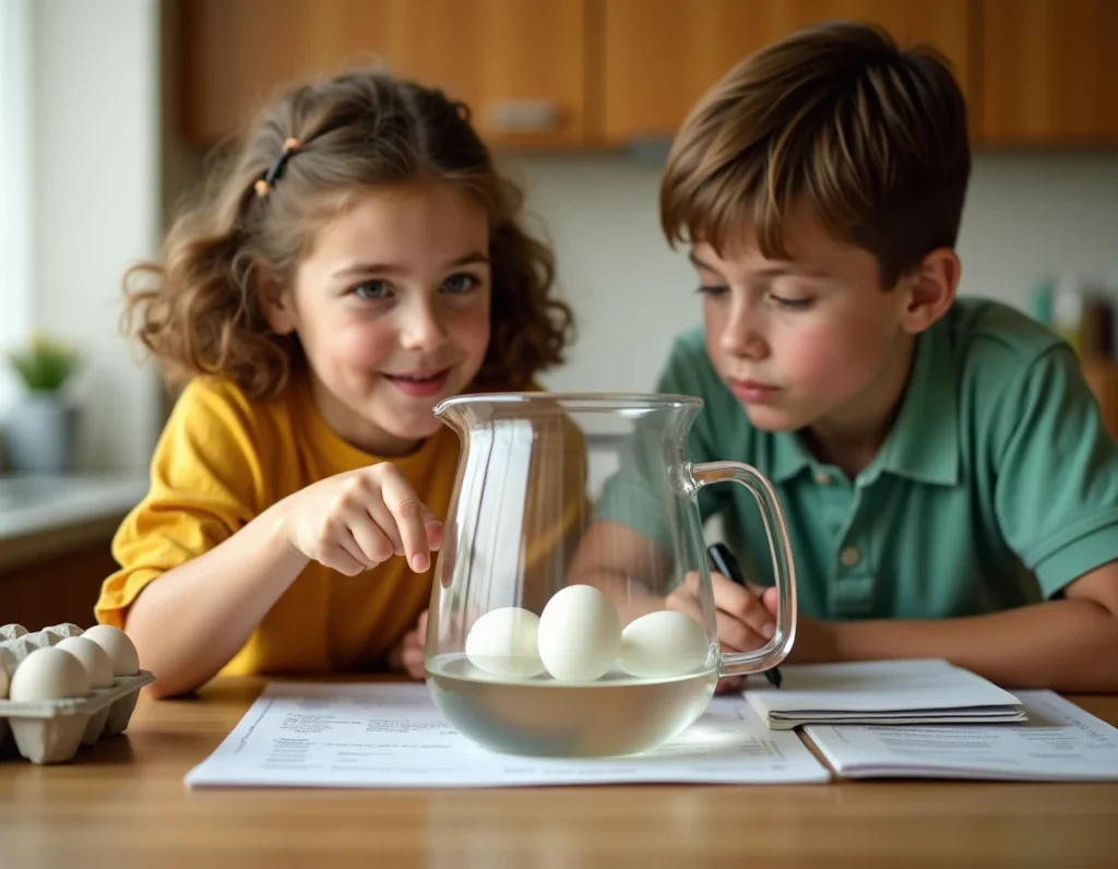 Deux enfants observant des œufs flotter dans une carafe d'eau lors d'une expérience ludique anti-gaspillage à la maison