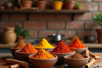 Assortiment d'épices colorées dans des bols en céramique sur un comptoir de cuisine en bois rustique