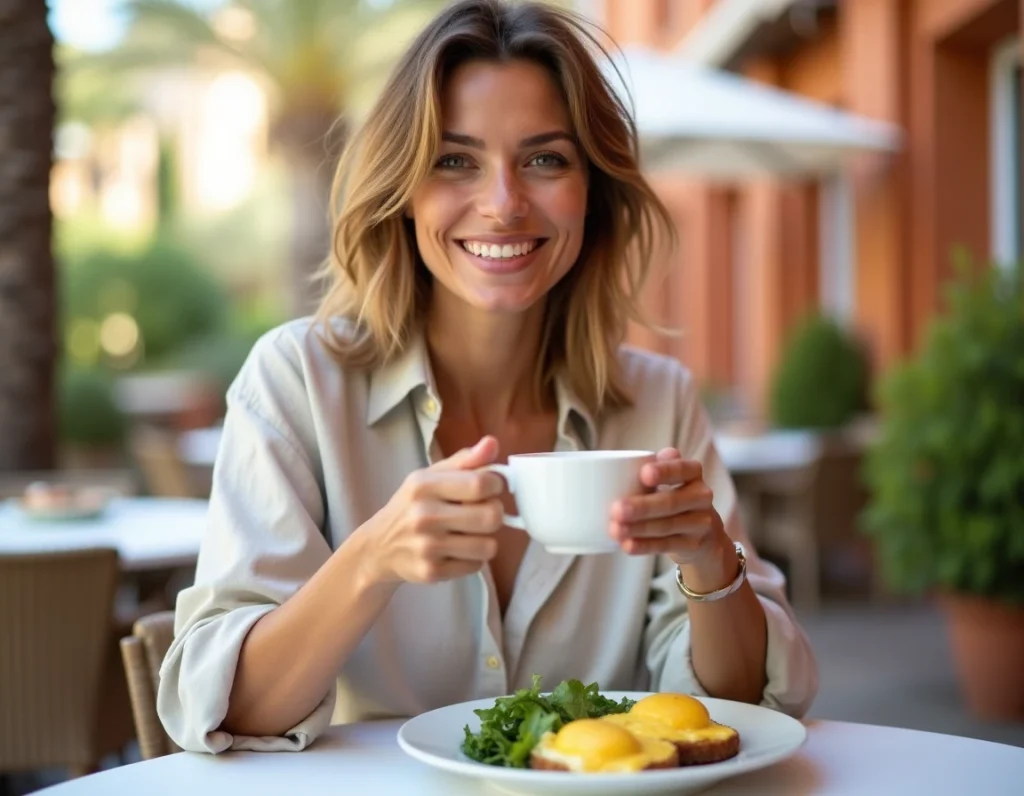 Femme souriante savourant un brunch en terrasse à Hyères avec café et assiette d'œufs Benedict par une matinée ensoleillée