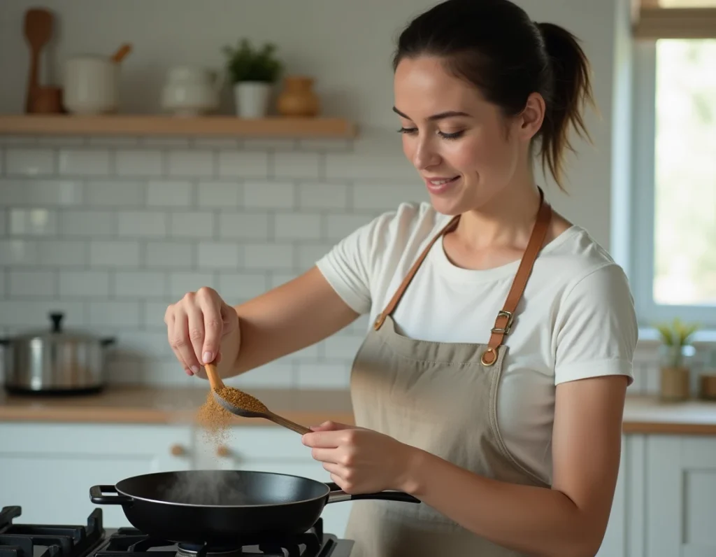 Femme cuisinant avec des épices dans une poêle en fonte sur une gazinière dans une cuisine moderne