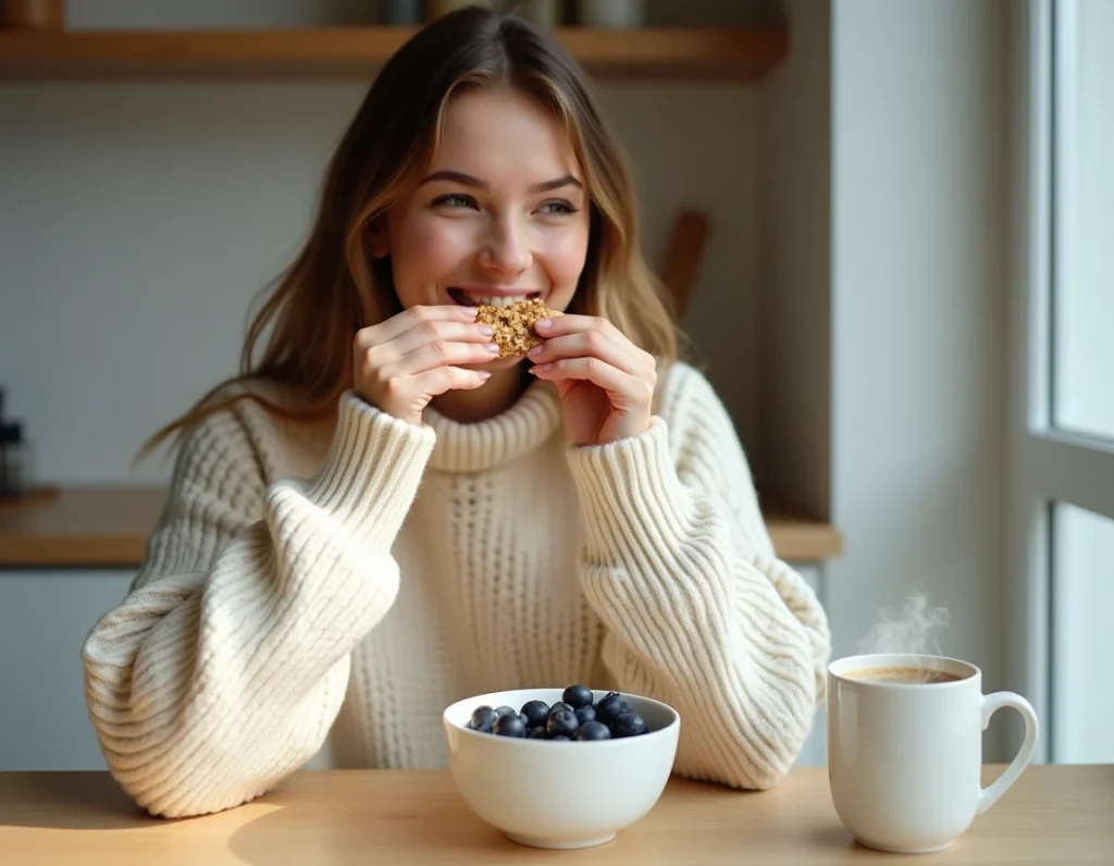 Femme savourant une barre de céréales maison aux flocons d'avoine lors d'un petit-déjeuner rassasiant à table