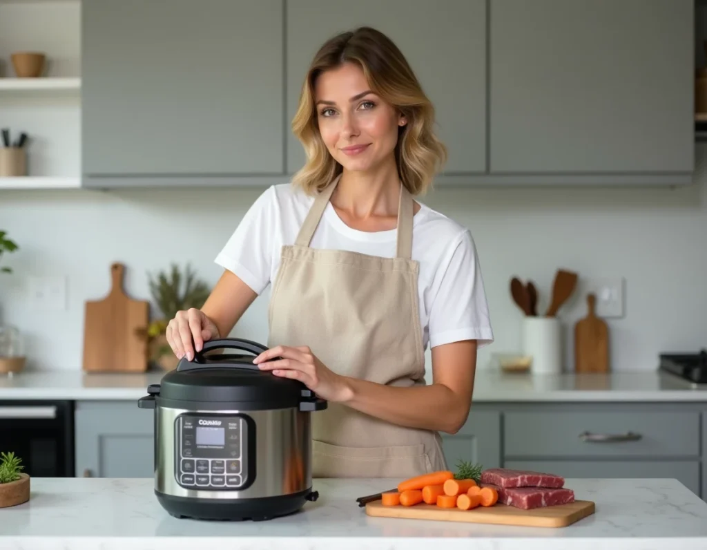 Femme déposant le couvercle d'un Cookeo en cuisine moderne avec carottes et bœuf préparés sur le plan de travail