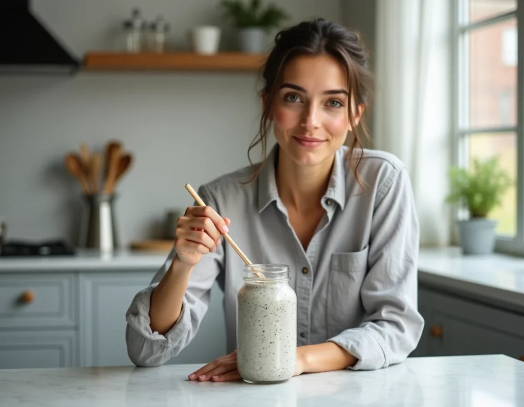 Jeune femme préparant un pudding aux graines de chia dans un bocal en verre dans sa cuisine