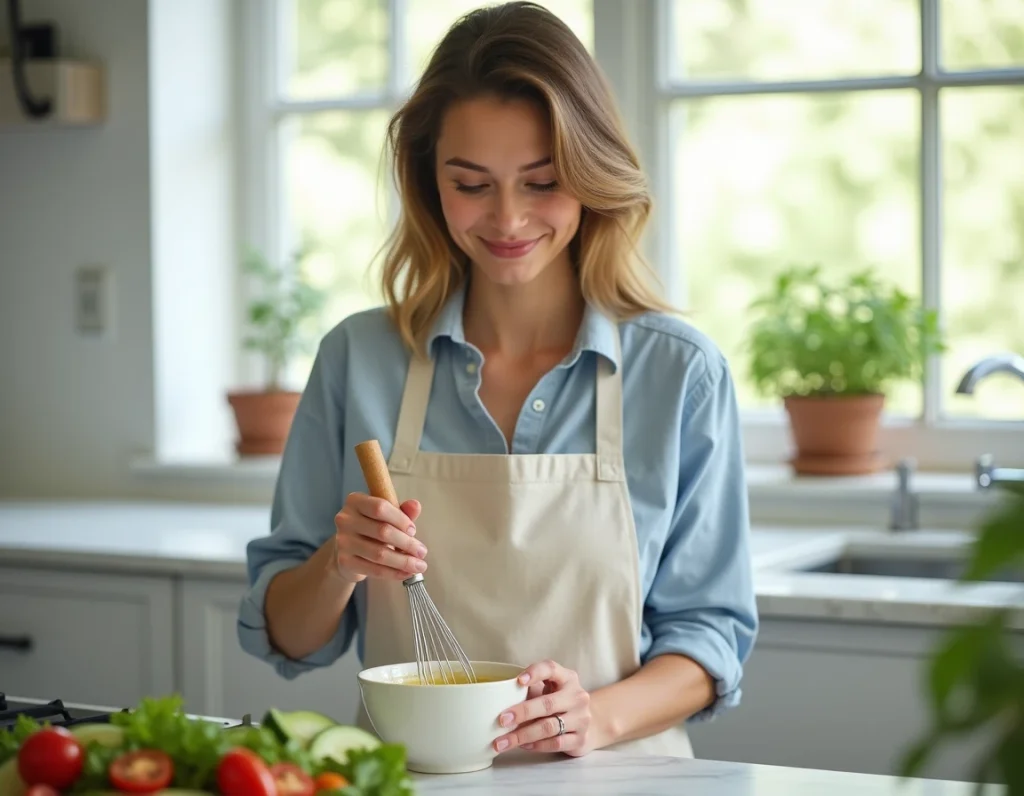Jeune femme préparant une vinaigrette allégée maison dans un bol en céramique dans une cuisine lumineuse avec des herbes fraîches et des légumes d'été