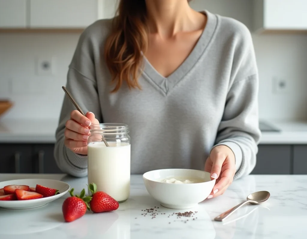 Jeune femme préparant un dessert minceur au yaourt nature avec des fraises et des graines de chia dans une cuisine moderne