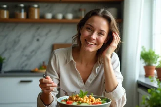 Femme mangeant un bol de pois chiches et légumes frais dans une cuisine lumineuse, illustrant un repas rassasiant à base de légumineuses