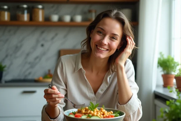 Femme mangeant un bol de pois chiches et légumes frais dans une cuisine lumineuse, illustrant un repas rassasiant à base de légumineuses