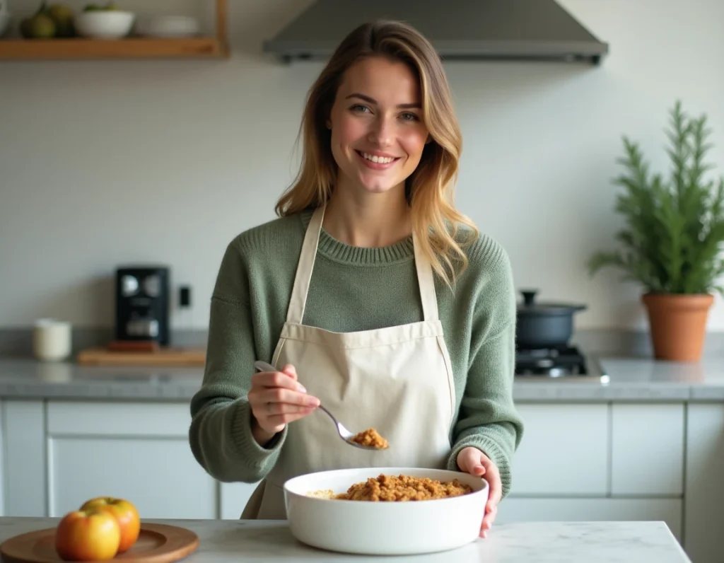 Jeune femme servant un crumble aux pommes léger depuis un plat à four dans une cuisine scandinave épurée