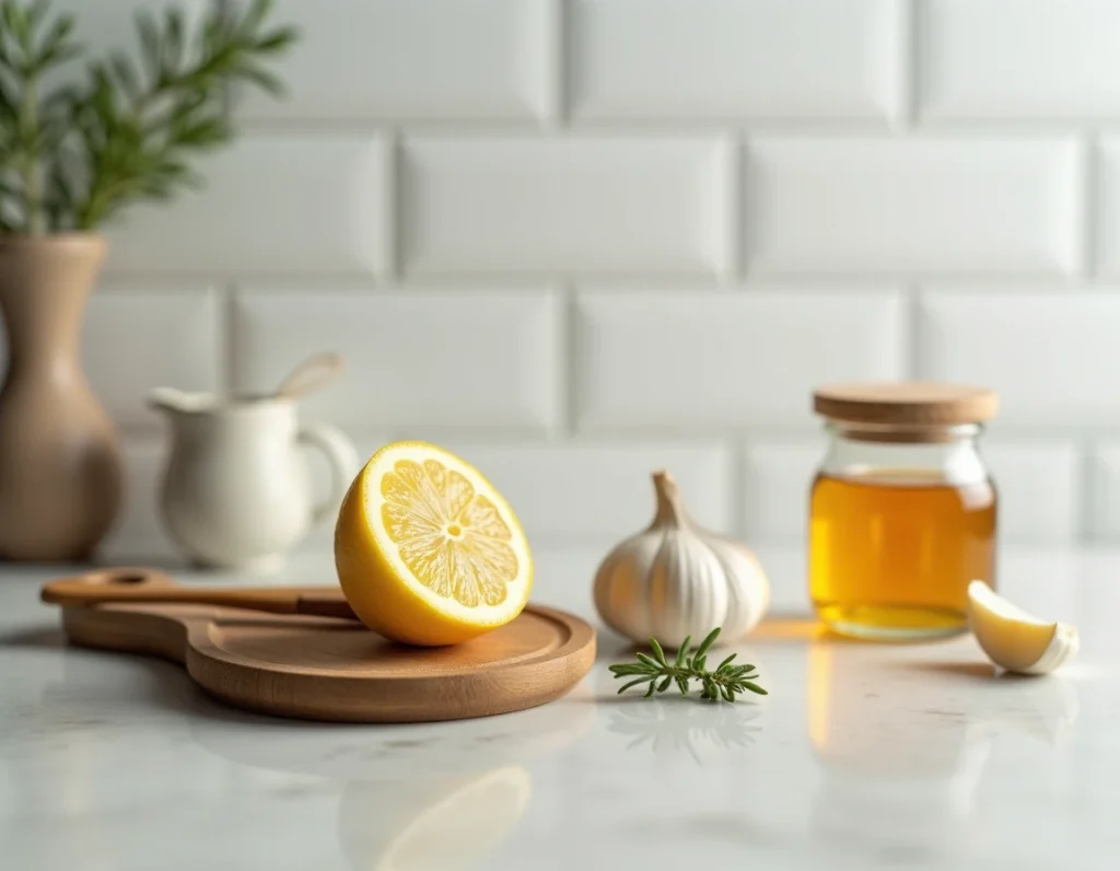 Flat lay d'un citron coupé en deux avec du miel, de l'ail et du thym sur un plan de travail en pierre, recette simple