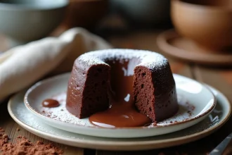 Fondant au chocolat ultra moelleux avec cœur coulant révélé, posé sur une assiette blanche en céramique et saupoudré de sucre glace