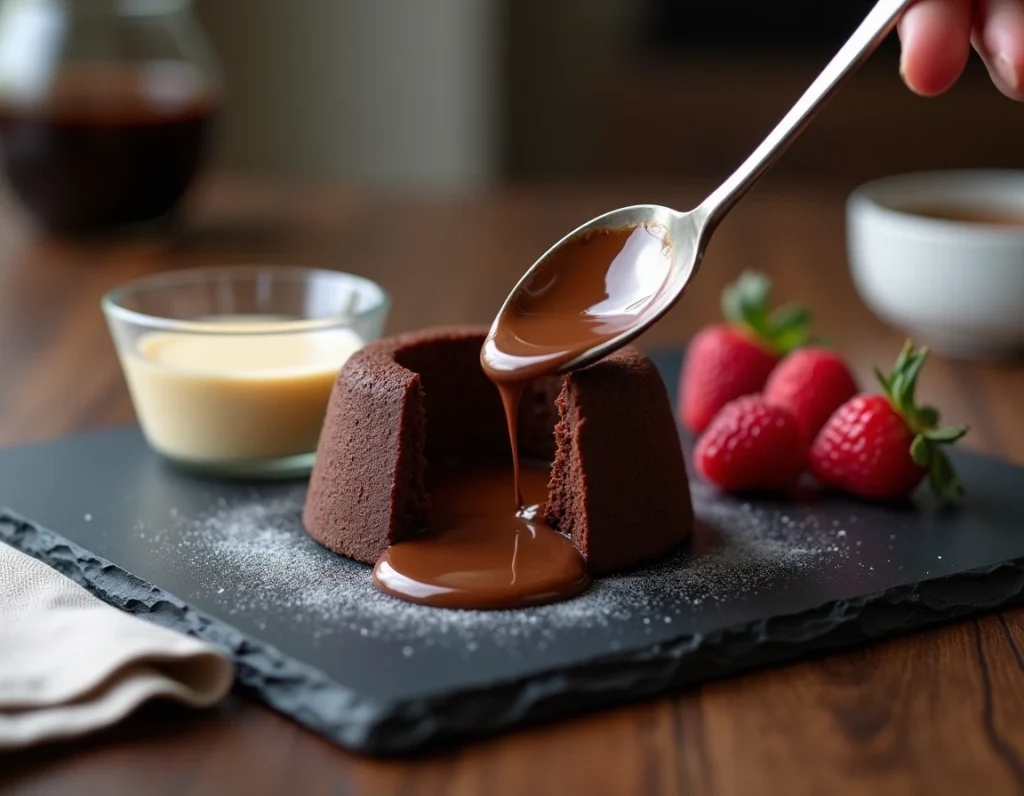 Fondant moelleux servi sur une ardoise avec une crème anglaise et des framboises fraîches, cuillère enfonçant le gâteau pour révéler l'intérieur coulant