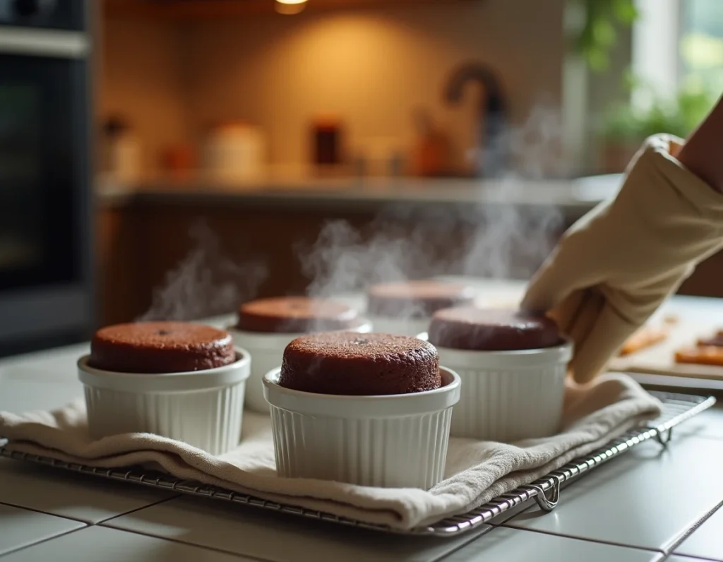 Fondants au chocolat individuels dans leurs ramequins sortant du four avec de la vapeur s'en échappant, posés sur une grille de refroidissement dans une cuisine familiale