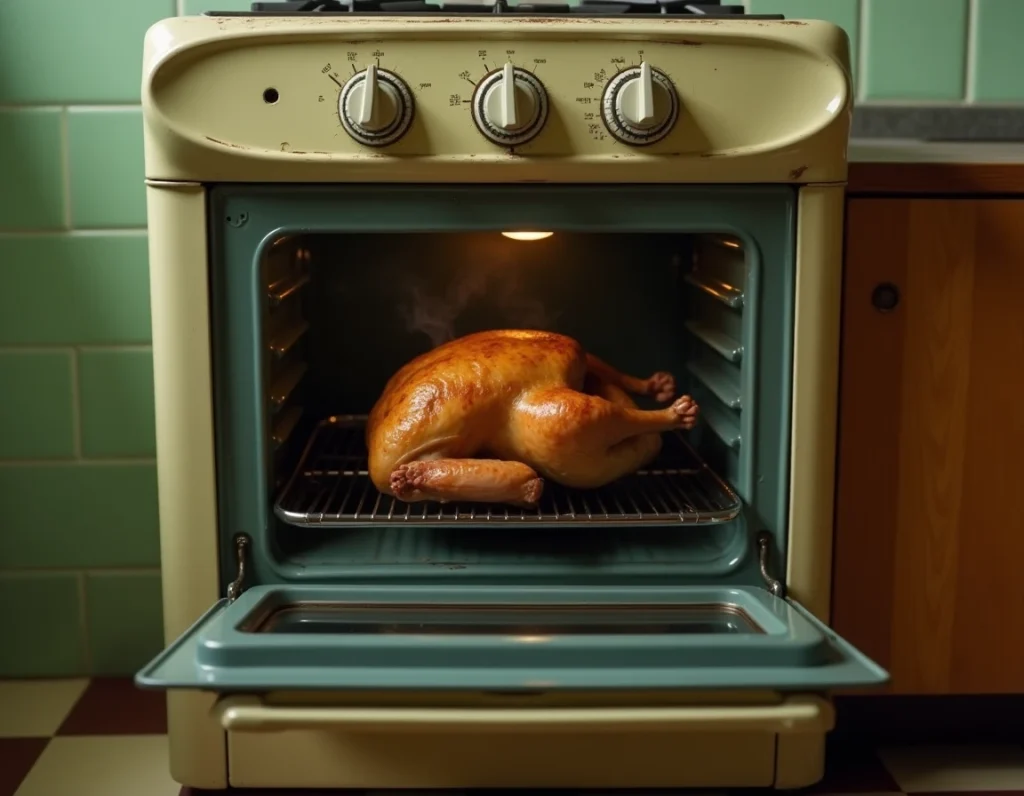 Four électrique vintage entrouvert montrant un poulet rôti doré avec le thermostat réglé à 180 degrés Celsius