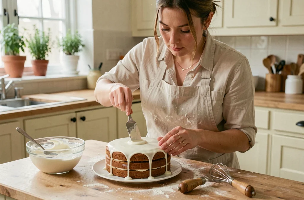 Femme boulangère amateur appliquant un glaçage blanc sur un mille-feuille maison avec une spatule dans une cuisine moderne
