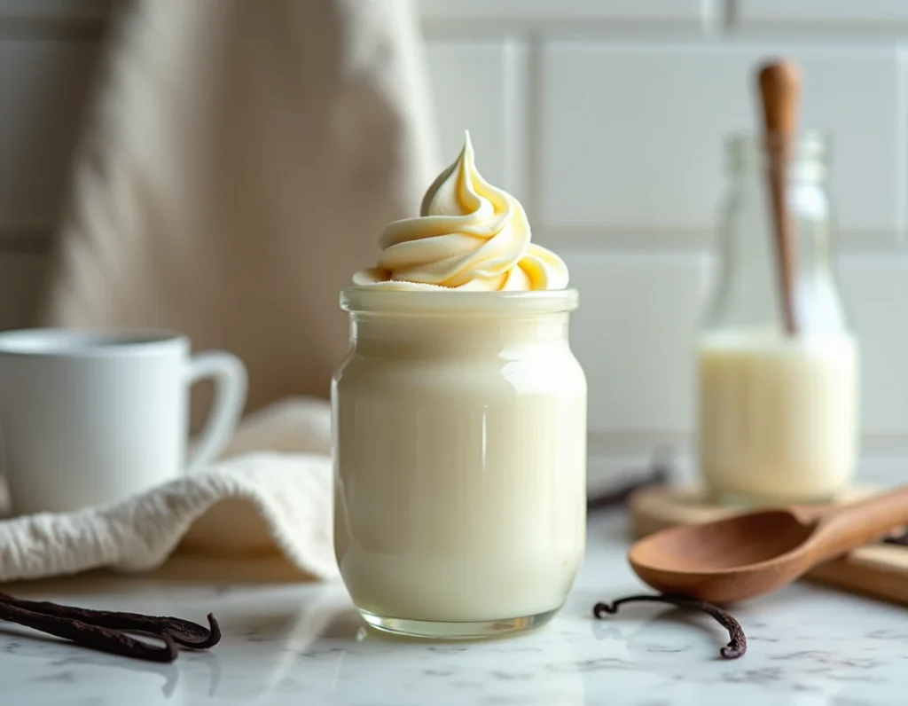 Glace maison à la vanille sans œuf dans un récipient en verre entouré de gousses de vanille et d'une cruche de crème végétale sur marbre