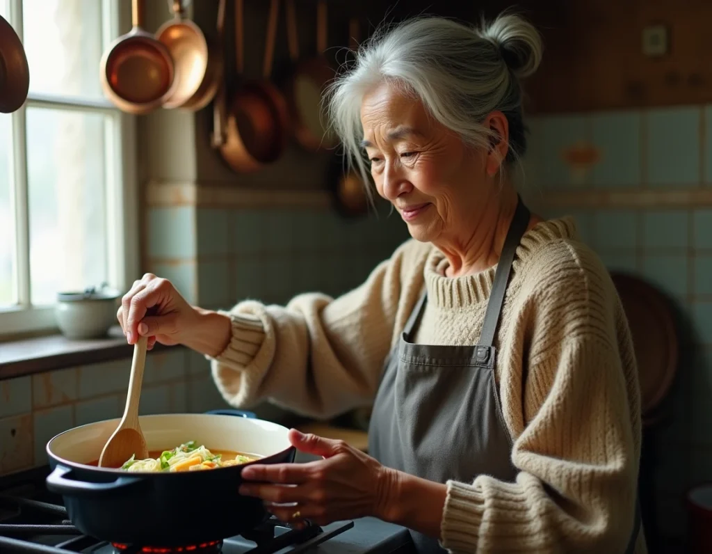 Grand-mère préparant une soupe vermicelle maison sur une vieille cuisinière, geste traditionnel et chaleureux