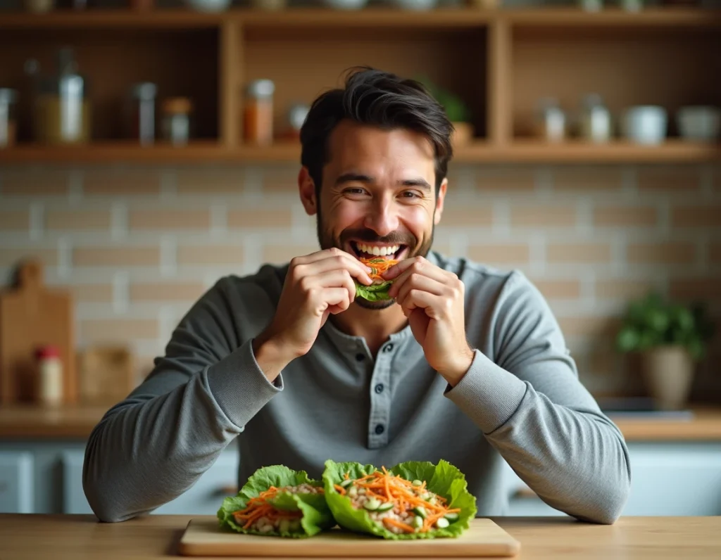 Homme dégustant des wraps de laitue au dinde et légumes, recette légère et rapide pour le dîner du soir
