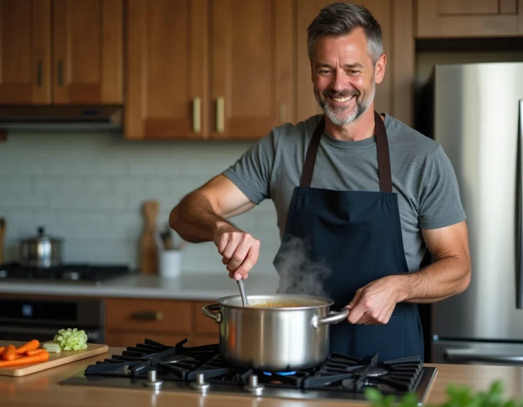 Homme préparant une soupe de lentilles dans une cuisine moderne, illustrant la cuisine de légumineuses comme repas nourrissant et sain
