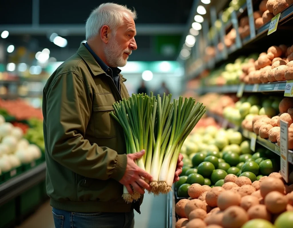 Homme comparant les prix des légumes de saison dans un supermarché