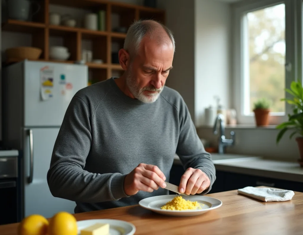 Homme zestant un citron avec une râpe fine au-dessus d'une assiette blanche dans une cuisine avec peu d'aliments au réfrigérateur